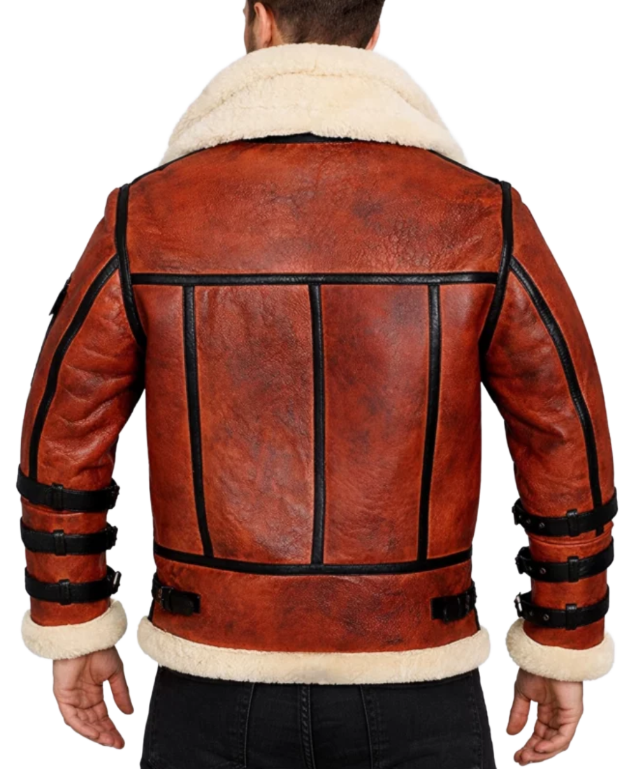 Double Collar B-3 Shearling Red Leather Aviator Jacket Back
