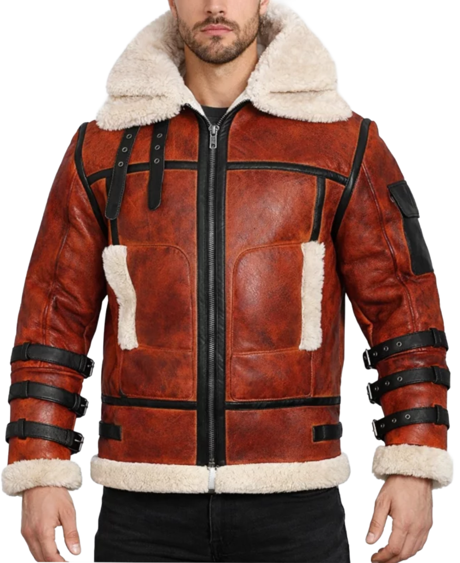Double Collar B-3 Shearling Red Leather Aviator Jacket