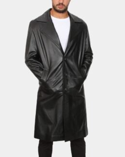 Ares Black Leather Coat Front