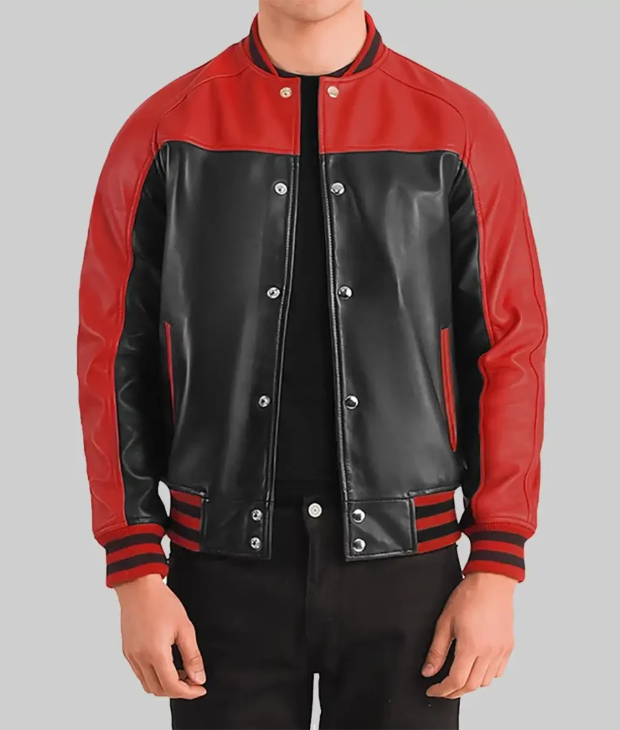 Men’s Black And Red Leather Varsity Jacket Front