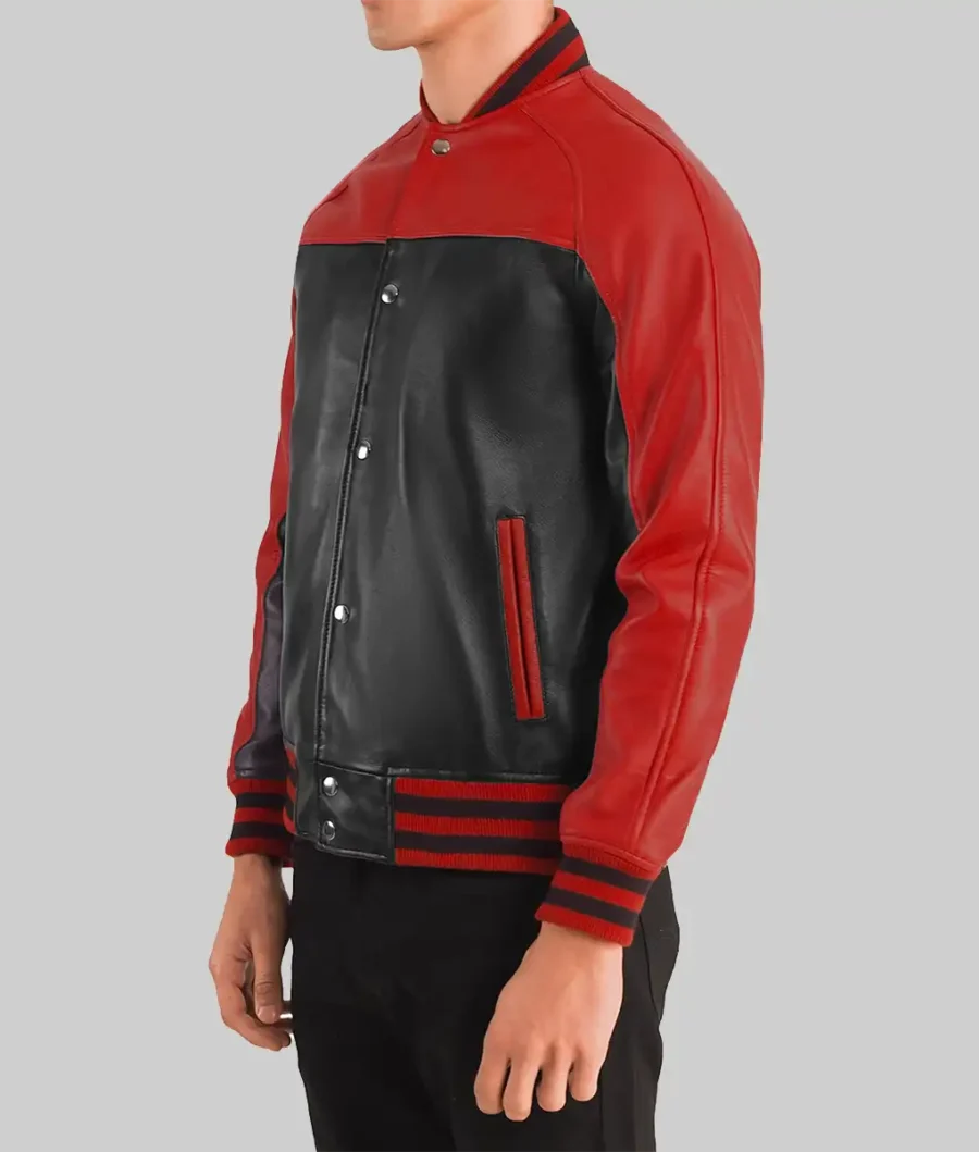 Men’s Black And Red Leather Varsity Jacket Side