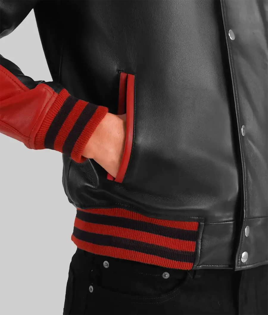 Men’s Black And Red Leather Varsity Jacket Closeup