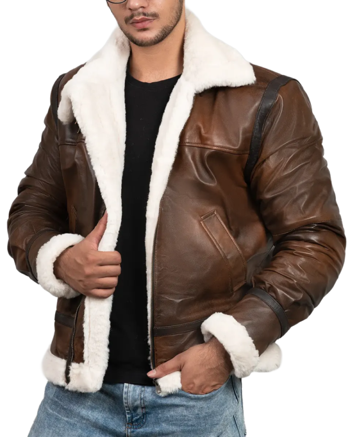 James Men’s Brown Leather Faux Shearling Jacket Front
