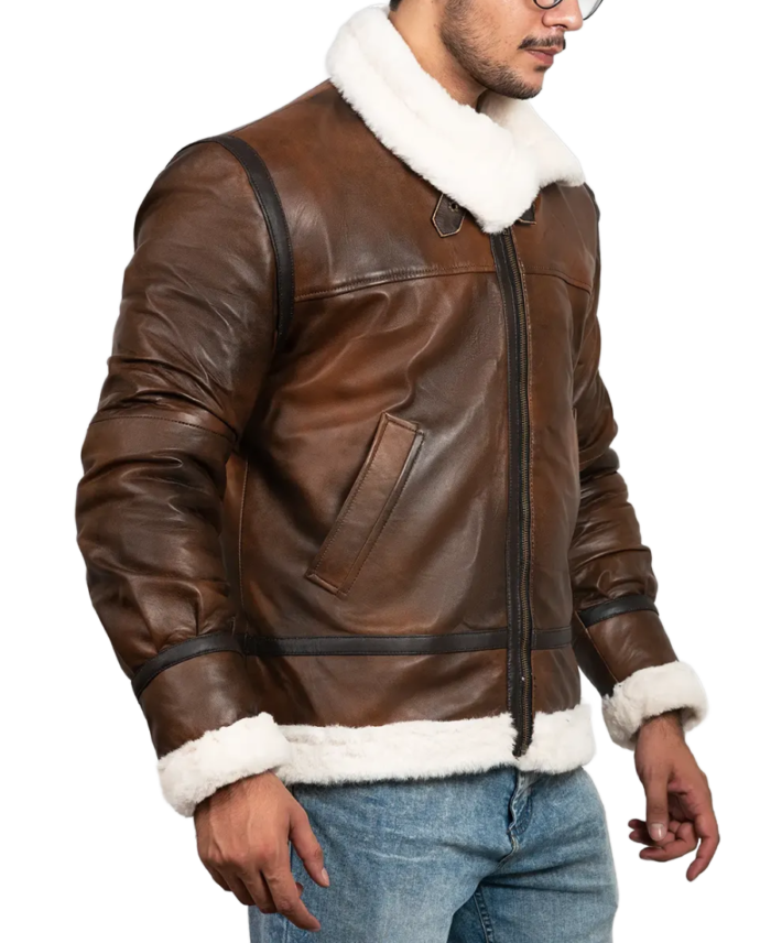 James Men’s Brown Leather Faux Shearling Jacket Side
