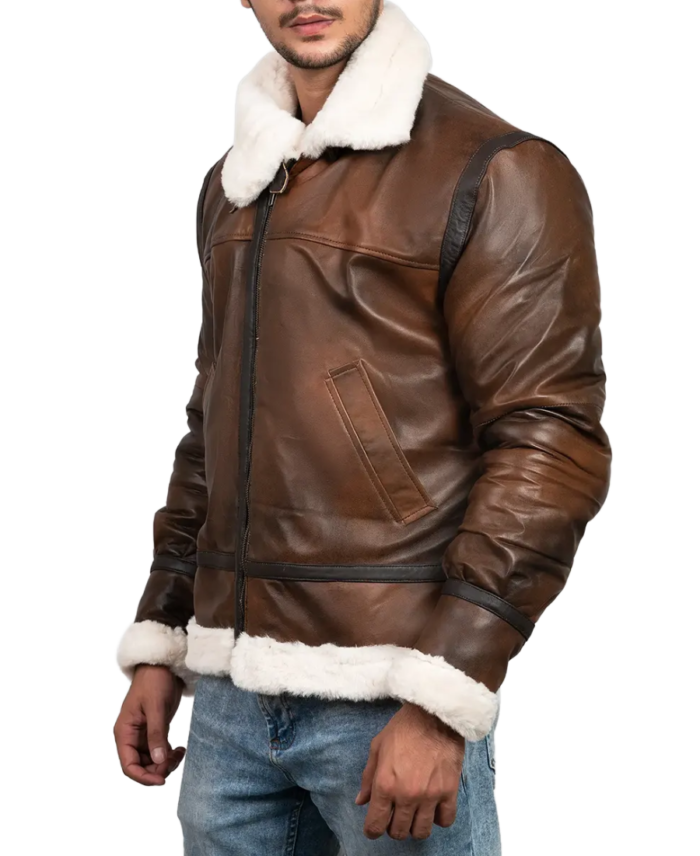 James Men’s Brown Leather Faux Shearling Jacket Side View