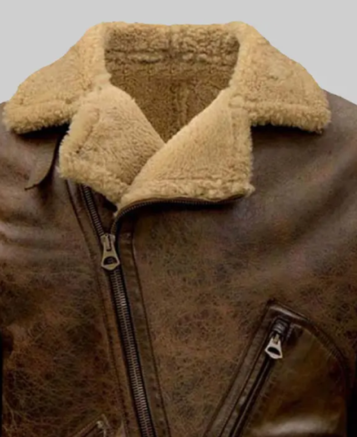 Jamie Men’s Distressed Brown Bomber Leather Jacket Collar