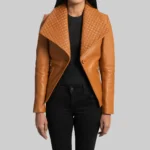 Women’s Camel Brown Leather Blazer Front - Trendy Leather Jackets
