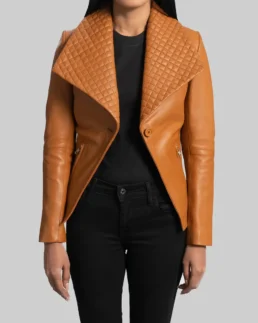 Women’s Camel Brown Leather Blazer Front - Trendy Leather Jackets