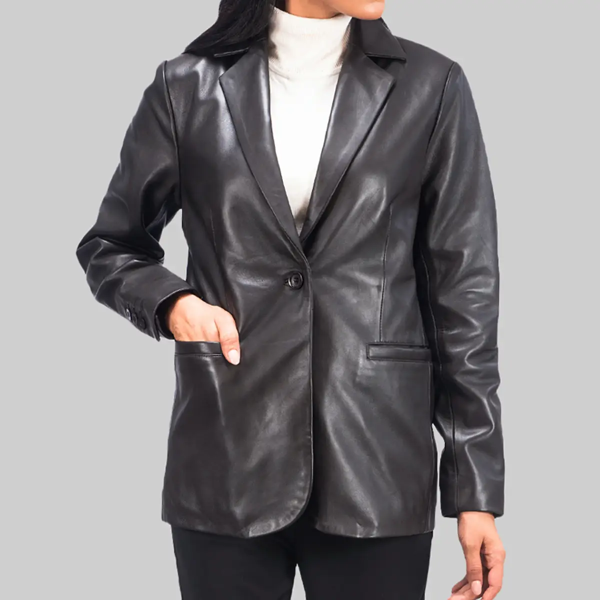 Junipe-Womens-Black-Leather-Blazer-Front-2.Webp Junipe Women’s Black Leather Blazer - Image 1