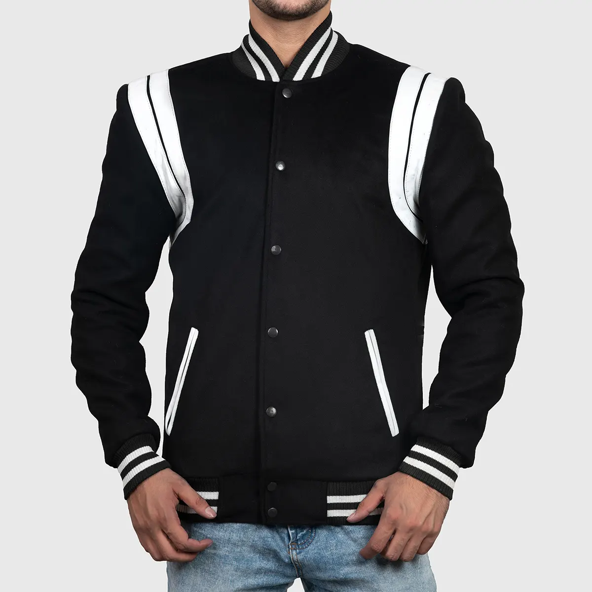 Men’s Black &Amp;Amp; White Stripes Varsity Jacket Men’s Black &Amp;Amp; White Stripes Varsity Jacket