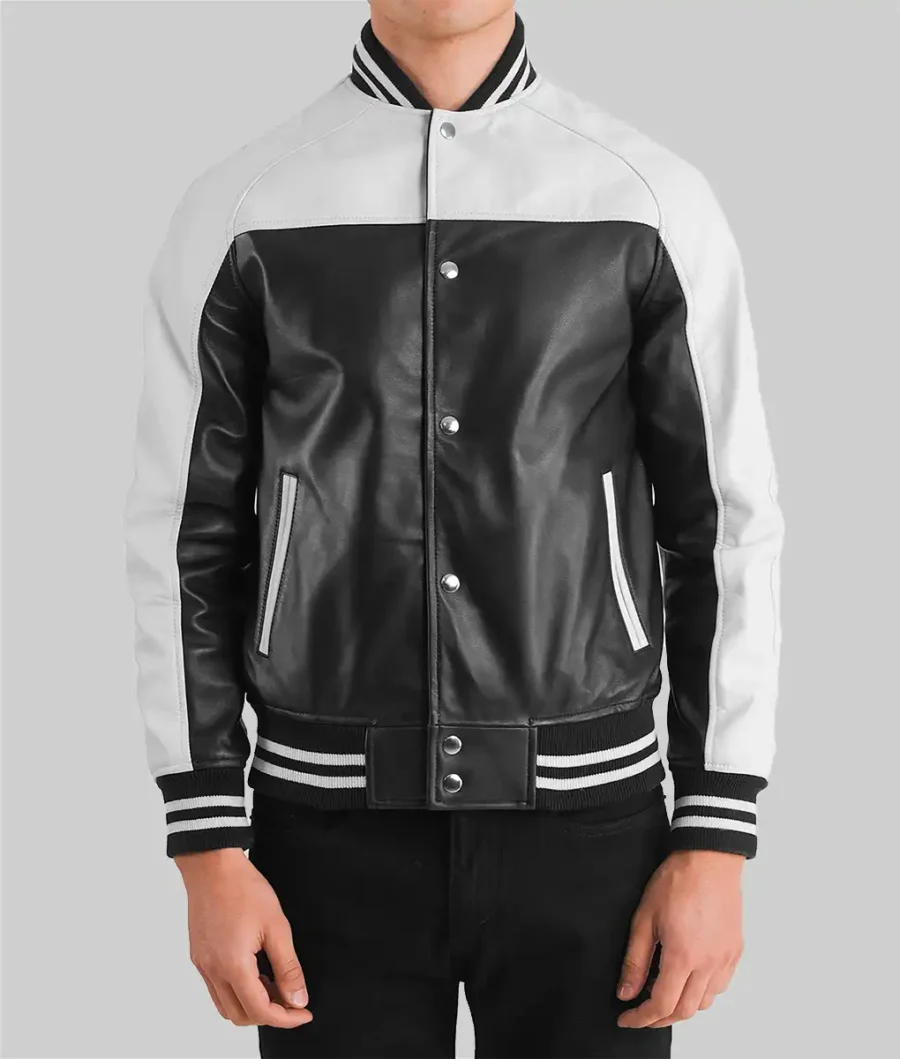 Men’s Black and White Leather Varsity Jacket