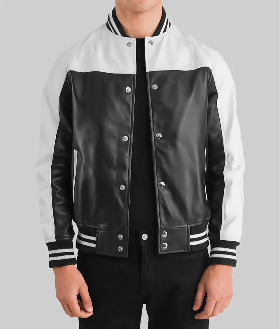 Men’s Black and White Leather Varsity Jacket Front