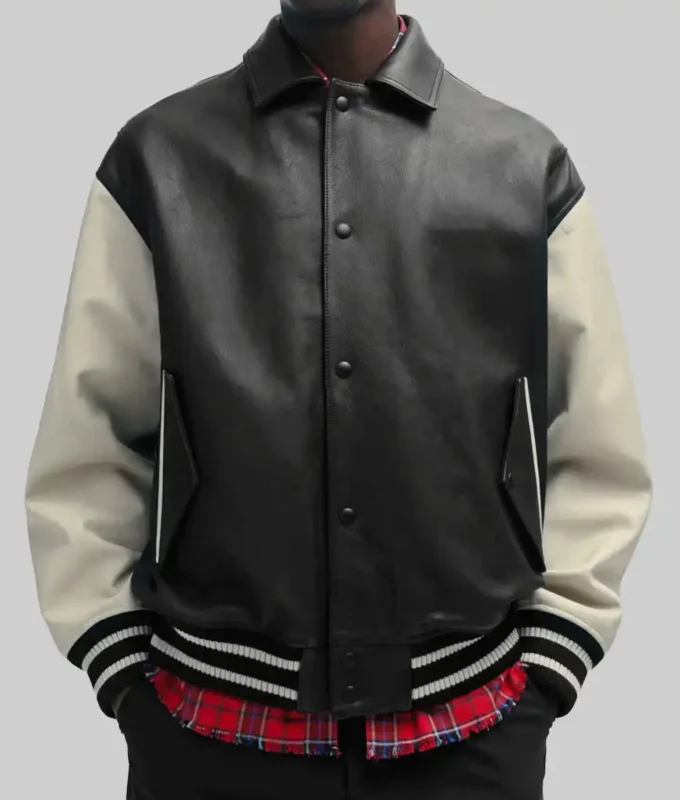 Men’s Black and Off-White Leather Varsity Jacket