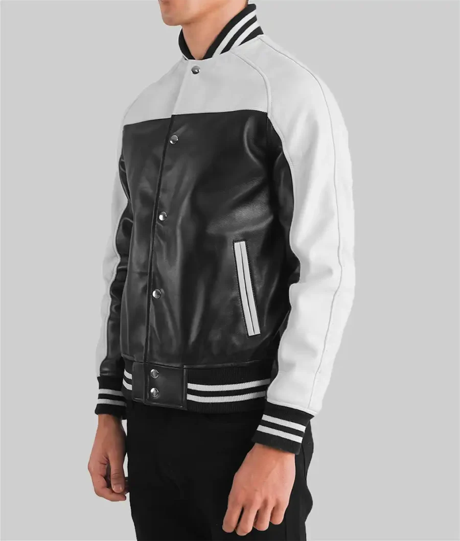 Men’s Black And White Leather Varsity Jacket Side View