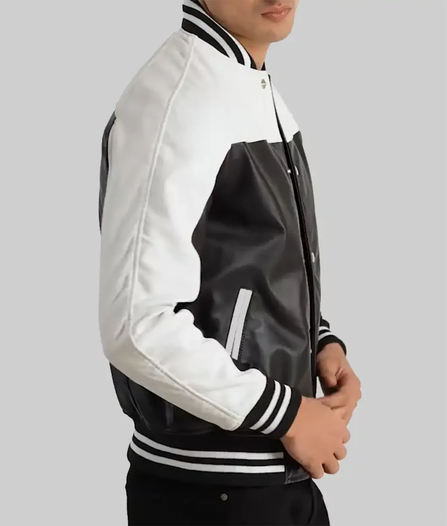 Men’s Black And White Leather Varsity Jacket Side