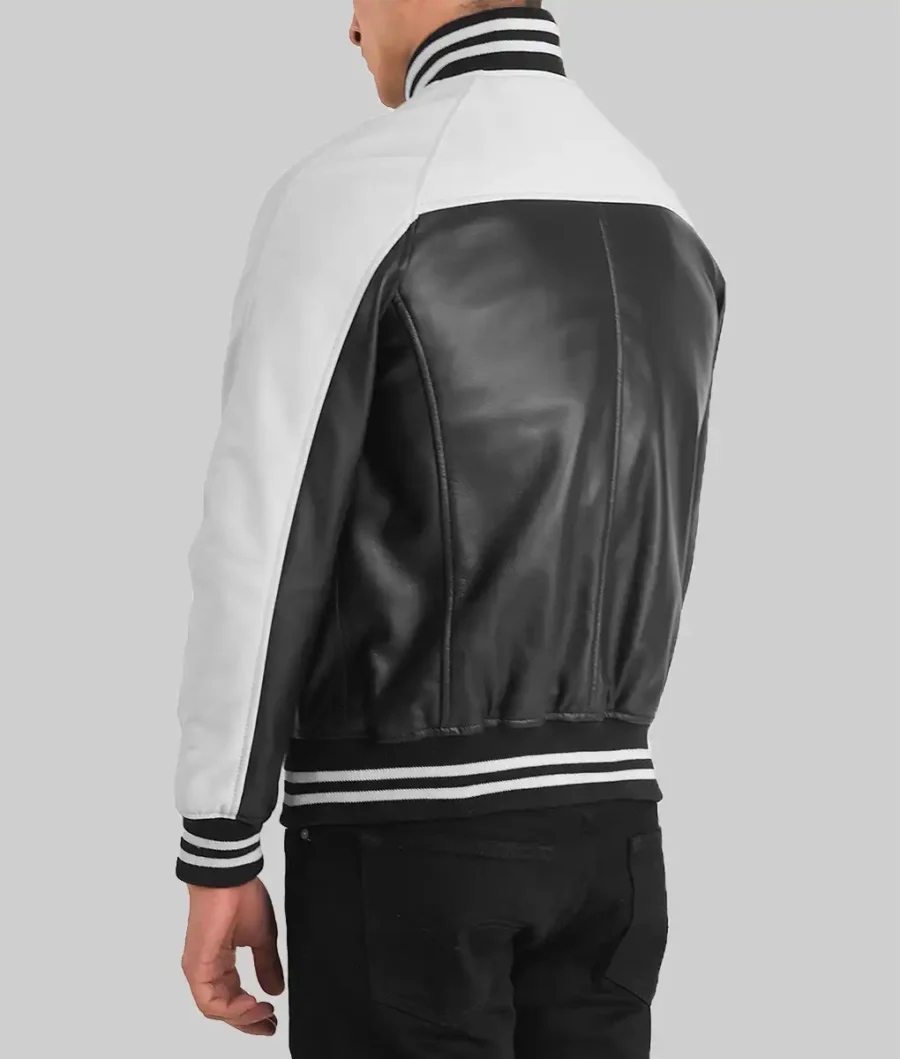 Men’s Black And White Leather Varsity Jacket Back