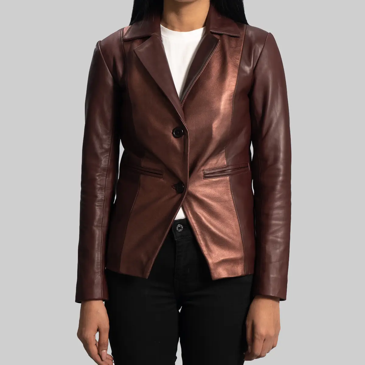 Macky-Womens-Metallic-Maroon-Leather-Blazer-Front.webp Macky Women’s Metallic Maroon Leather Blazer - Image 1