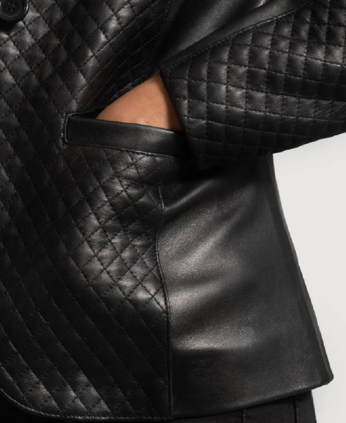 Mary Women’s Quilted Black Leather Blazer Closeup