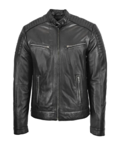 Men Black Cafe Racer Biker Leather Jacket