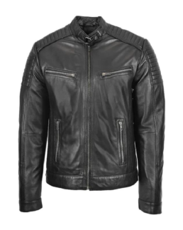 Men Black Cafe Racer Biker Leather Jacket