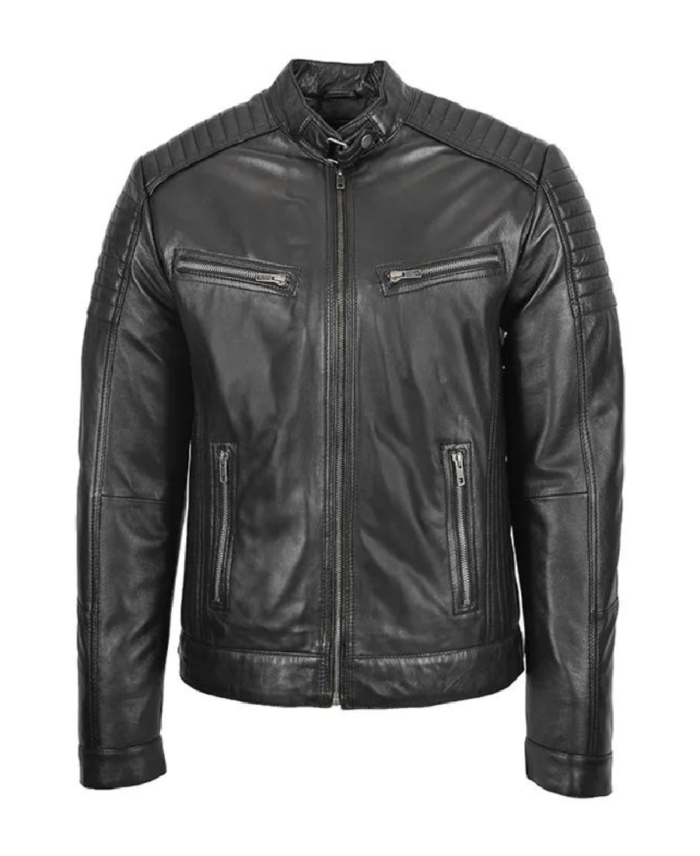 Men Black Cafe Racer Biker Leather Jacket