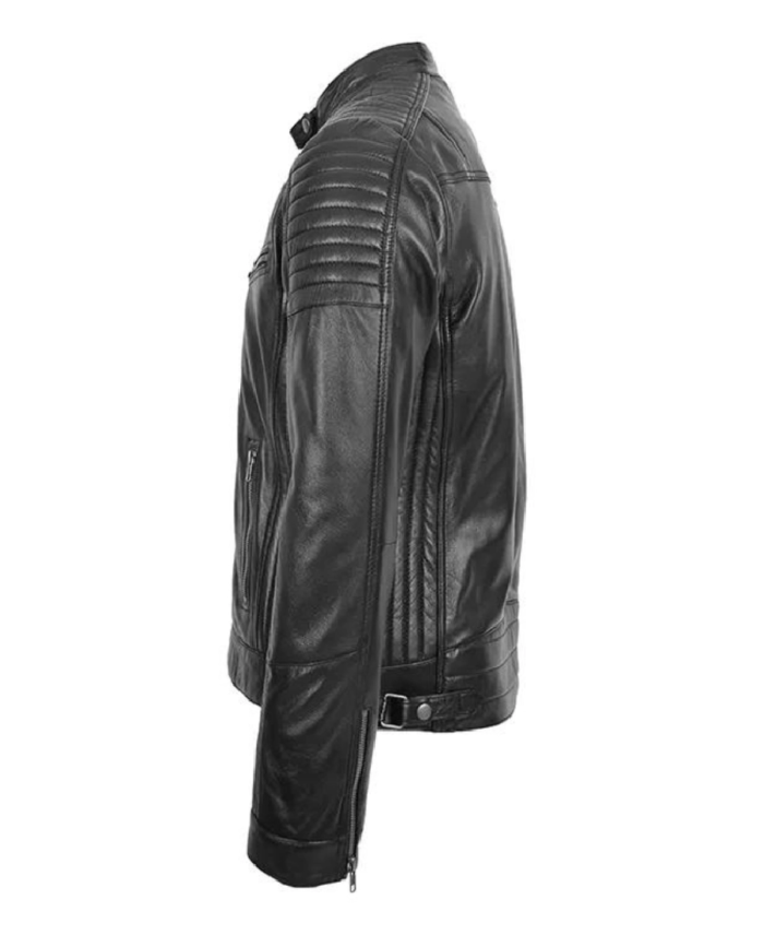 Men Black Cafe Racer Biker Leather Jacket Side