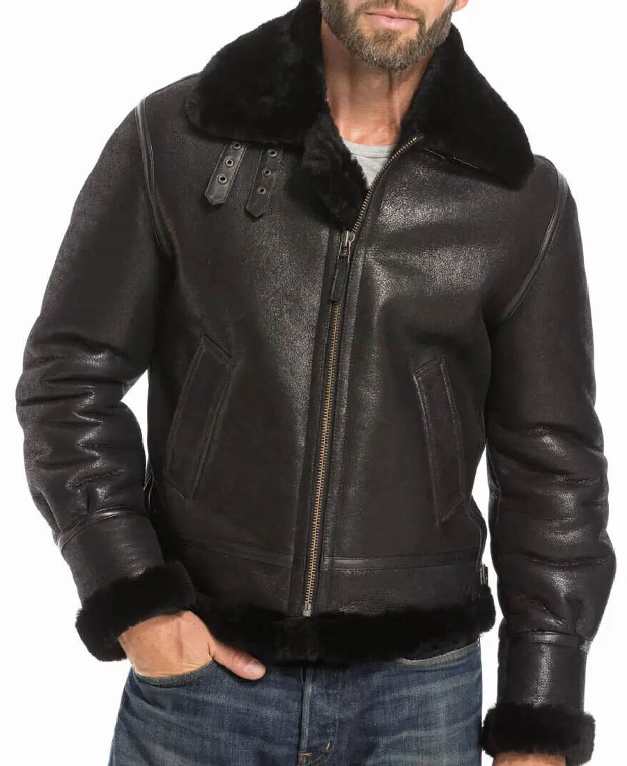 Men’s B-3 Black Sheepskin Leather Bomber Jacket