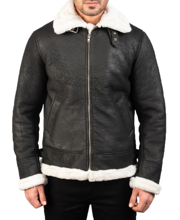 Men’s Black Distressed Aviator Leather Jacket