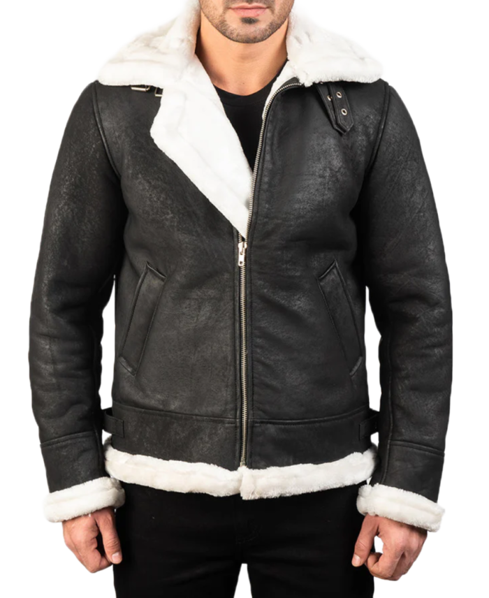 Men’s Black Distressed Aviator Leather Jacket Front