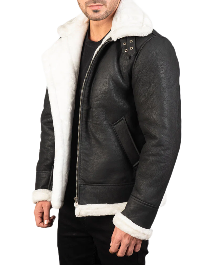 Men’s Black Distressed Aviator Leather Jacket Side
