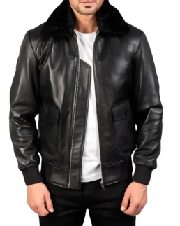 Men’s Black Fur Collar Leather Bomber Jacket