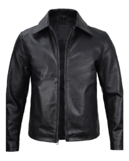 Mens Black Harrington Cowhide Leather Jacket Front