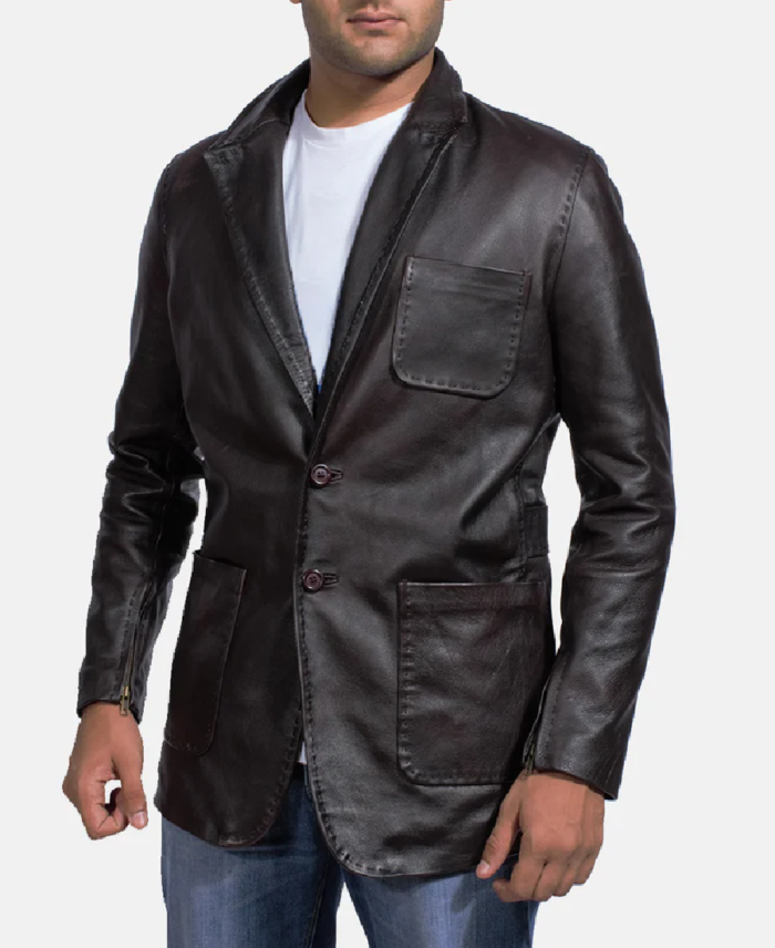 Men’s Black Leather Blazer Front