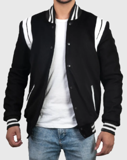 Men’s Black & White Stripes Varsity Jacket Front