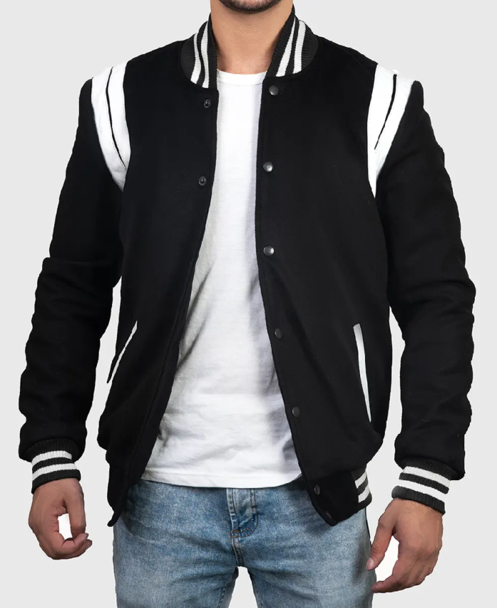 Men’s Black & White Stripes Varsity Jacket Front