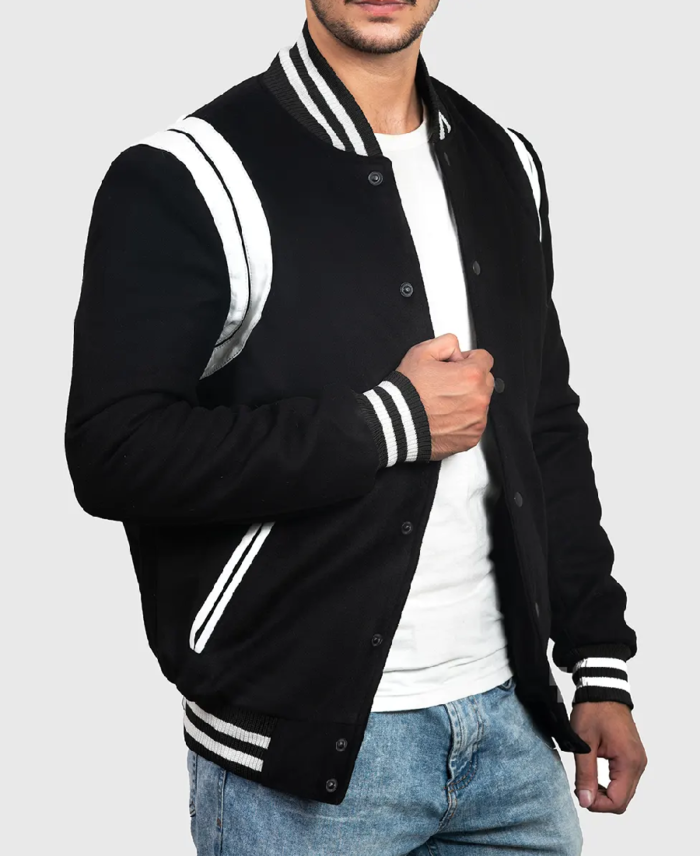 Men’s Black & White Stripes Varsity Jacket Side