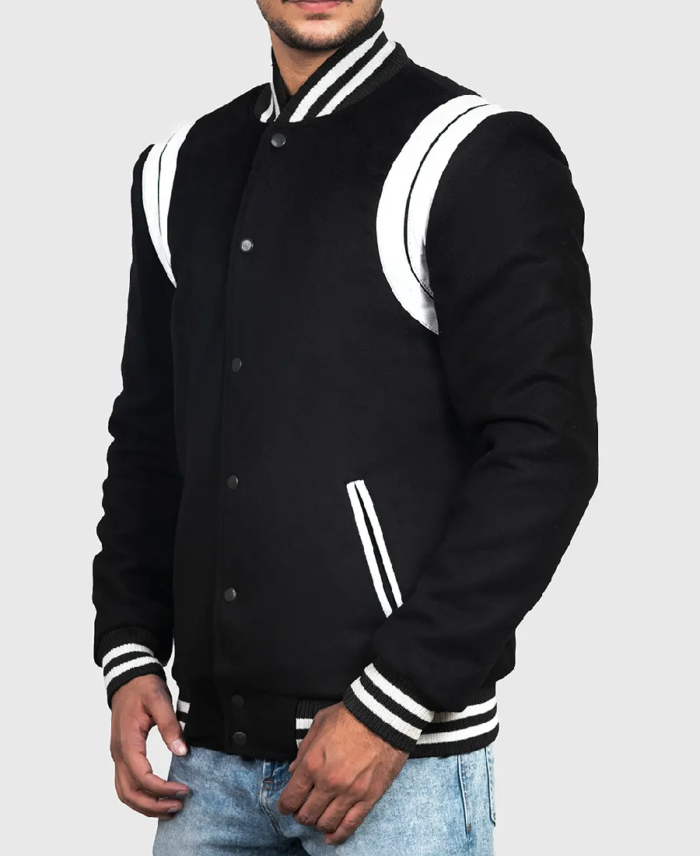 Men’s Black & White Stripes Varsity Jacket Side View