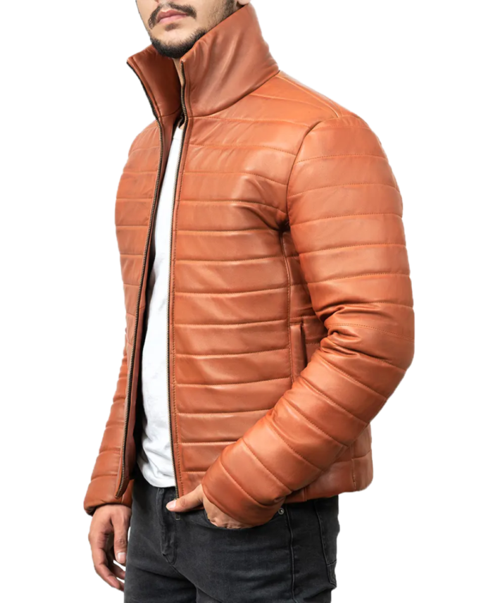 Men’s Brown Puffer Hooded Jacket Side View