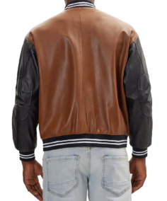Men’s Brown and Black Leather Varsity Jacket Back View