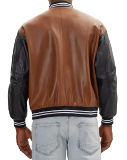 Men’s Brown and Black Leather Varsity Jacket Back View