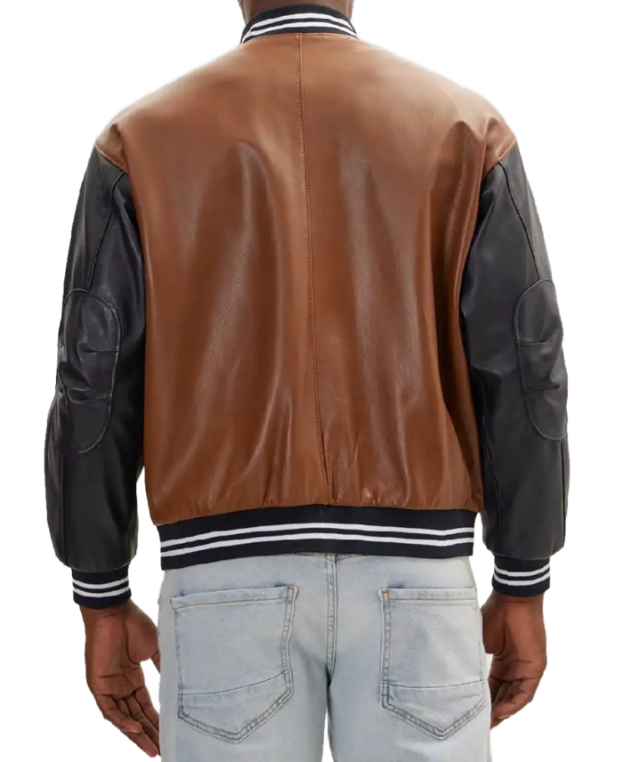 Men’s Brown and Black Leather Varsity Jacket Back View