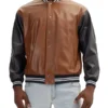 Men’s Brown and Black Leather Varsity Jacket Front