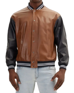 Men’s Brown and Black Leather Varsity Jacket Front