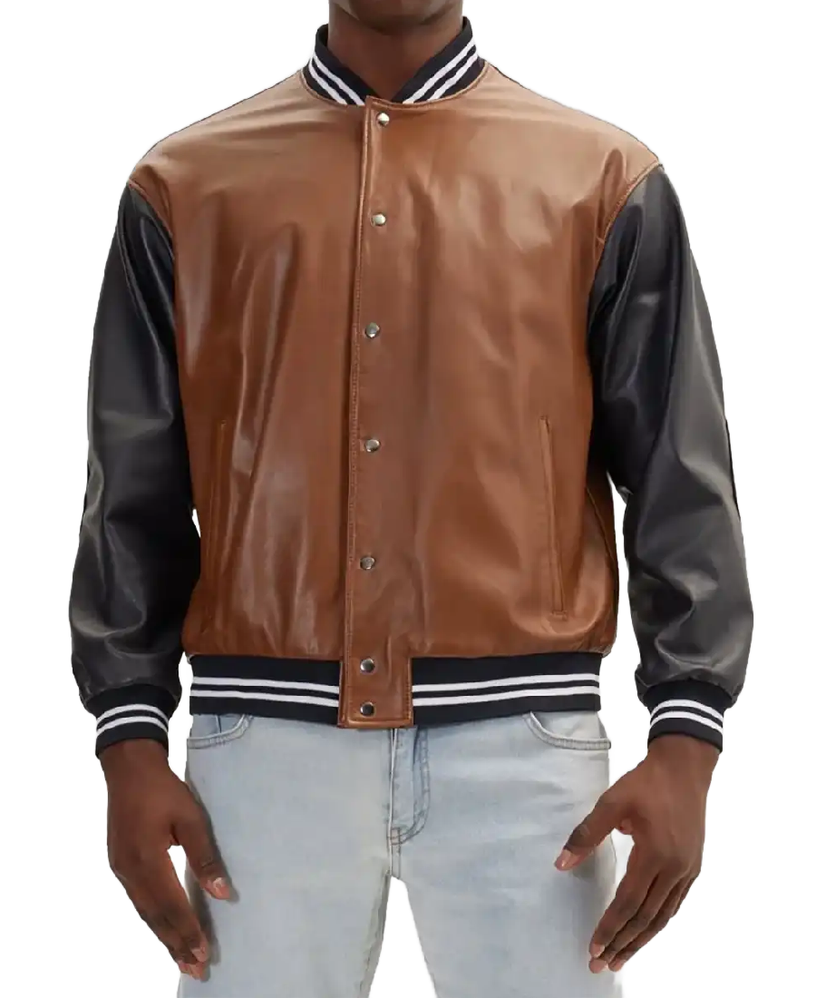 Men’s Brown And Black Leather Varsity Jacket Front Men’s Brown And Black Leather Varsity Jacket Front