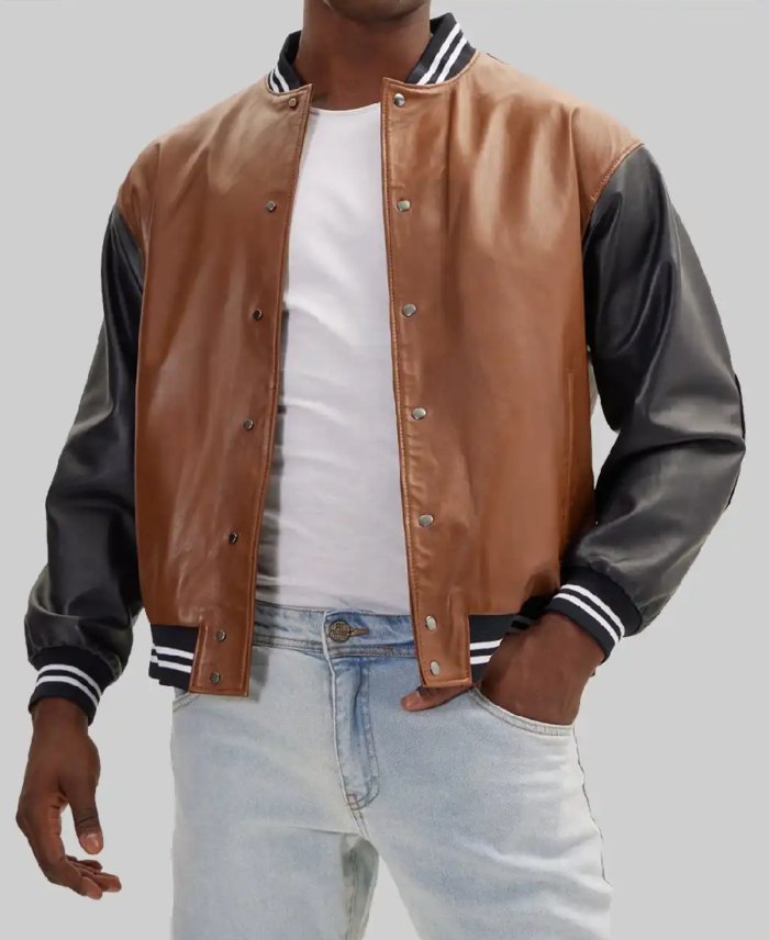 Men’s Brown and Black Leather Varsity Jacket Front