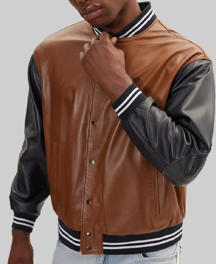 Men’s Brown and Black Leather Varsity Jacket Side