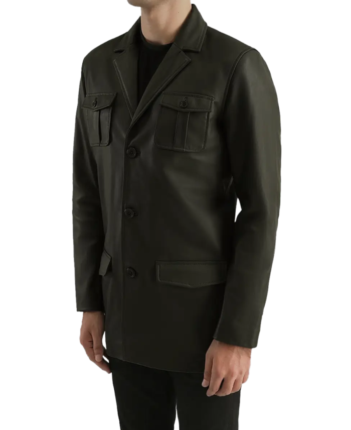 Men’s Dark Green Leather Blazer Side