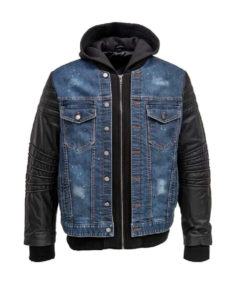 Men's Denim Leather Jacket With Hood