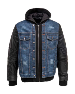 Men's Denim Leather Jacket With Hood