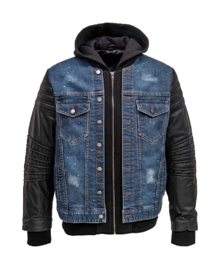 Men's Denim Leather Jacket With Hood